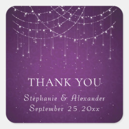 Pegatina Cuadrada Purple String Lights Nombre Boda Gracias