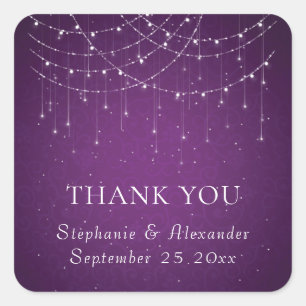 Pegatina Cuadrada Purple String Lights Nombre Boda Gracias