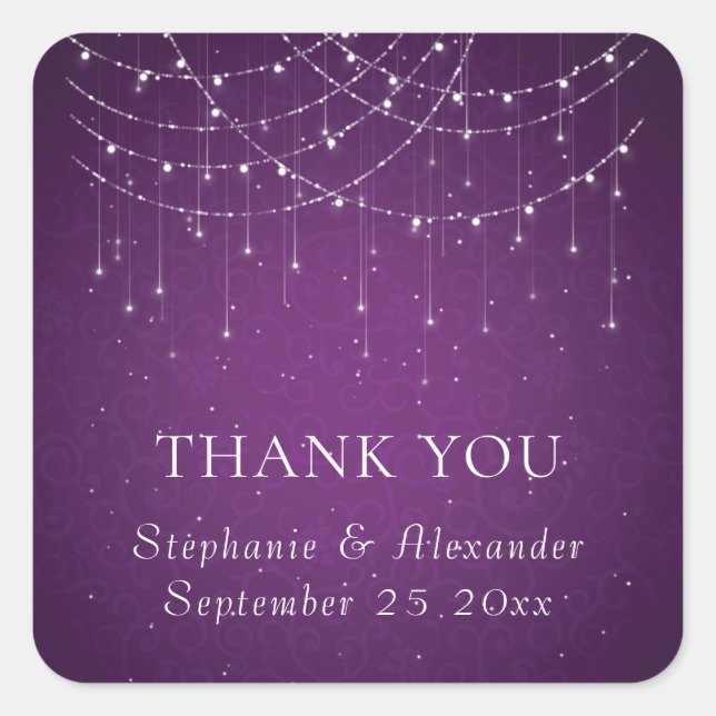 Pegatina Cuadrada Purple String Lights Nombre Boda Gracias (Anverso)