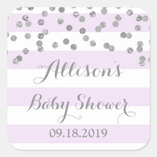 Pegatina Cuadrada Purple Stripes Silver Confetti Baby Shower Favor