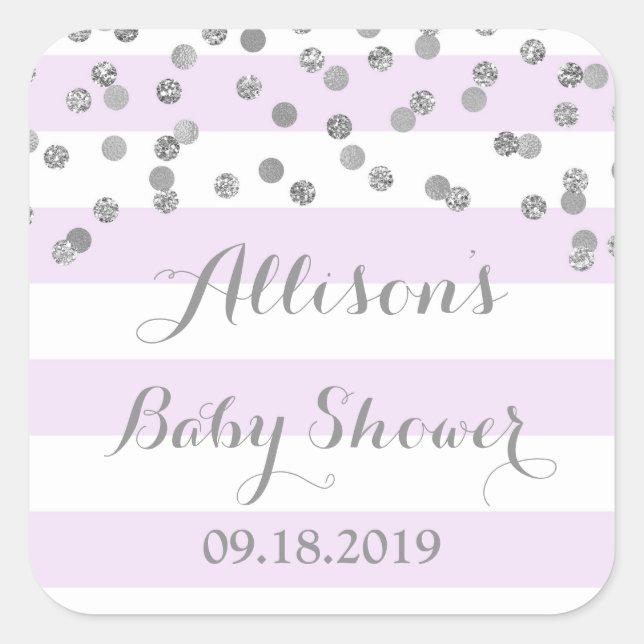 Pegatina Cuadrada Purple Stripes Silver Confetti Baby Shower Favor (Anverso)