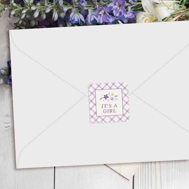 Pegatina Cuadrada Purple Sweet Floral Baby Girl Envelope Seal Label (Subido por el creador)