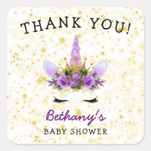 Pegatina Cuadrada Purple Unicorn Baby Shower favor gracias