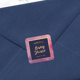 Pegatina Cuadrada Púrpura acuarela rosa y Baby Shower de Faux Gold