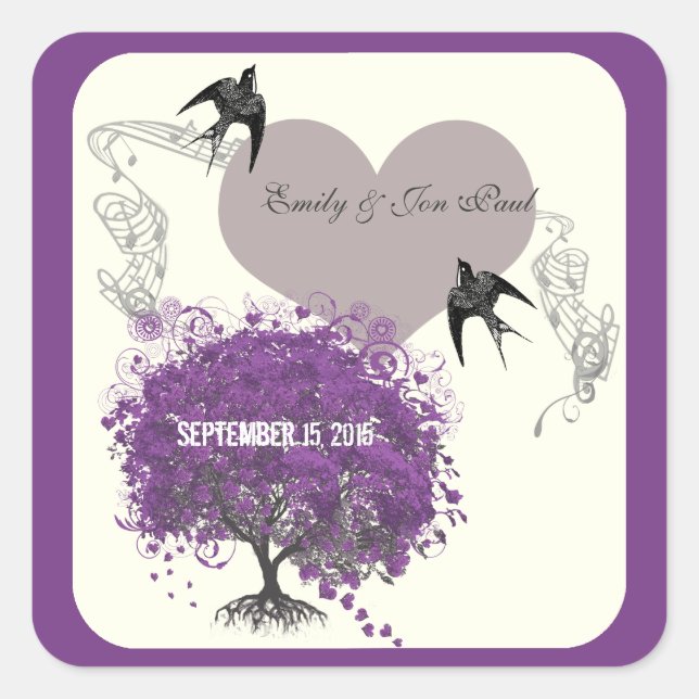 Pegatina Cuadrada Púrpura Bordes Mink Heart Leaf Tree Bodas (Anverso)