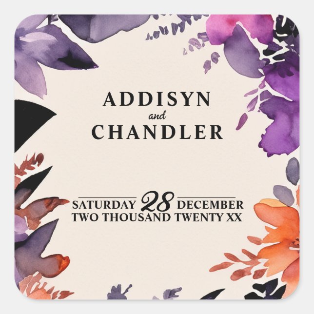 Pegatina Cuadrada Púrpura encantada + Boda Naranja Floral Halloween (Anverso)