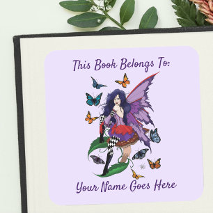 Pegatina Cuadrada Púrpura Fairy Mushroom Butterflies Bookplate