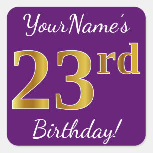 Pegatina Cuadrada Púrpura, Faux Gold 23 cumpleaños + nombre personal