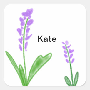 Pegatina Cuadrada Púrpura lavanda floral acuarela agregar nombre tex
