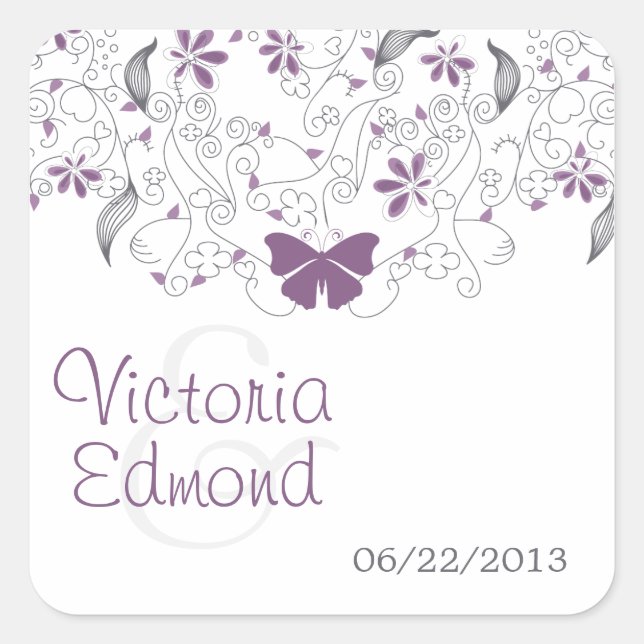 Pegatina Cuadrada Púrpura mariposa Whimsy Wedding Stickers (Anverso)