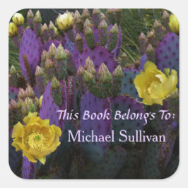 Pegatina Cuadrada Púrpura Pear Opuntia Cactus Flores Amarillas