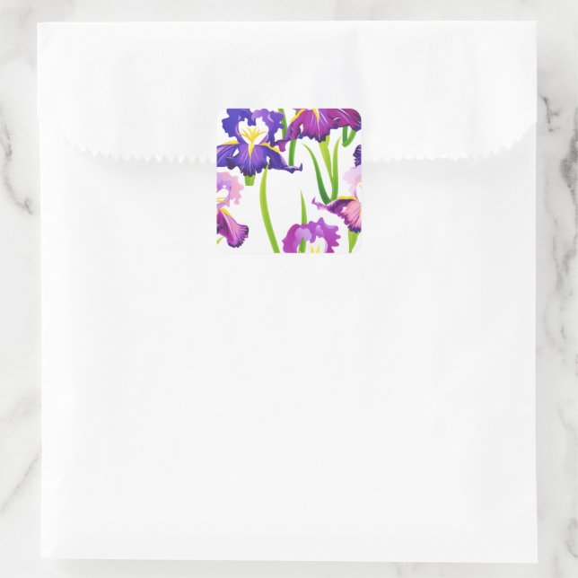 Pegatina Cuadrada Púrpura Rústica pradera Iris Flores Acuarela (Bolso)