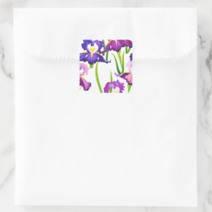 Pegatina Cuadrada Púrpura Rústica pradera Iris Flores Acuarela