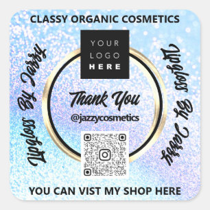 Pegatina Cuadrada Purpurina azul con el logotipo del código QR de la