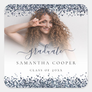 Pegatina Cuadrada Purpurina azul de la Marina Clase de nombre de fot