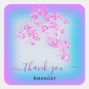 Pegatina Cuadrada Purpurina azul rosado Gracias Nombre Dulce 16