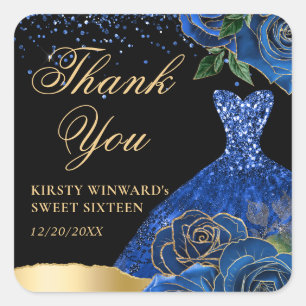 Pegatina Cuadrada Purpurina azul y oro Vestidos Rosas Glam Dulce 16