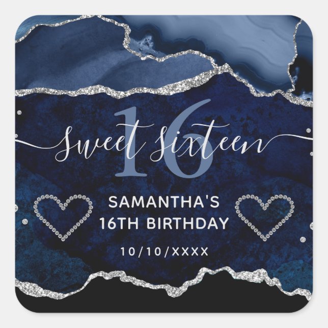 Pegatina Cuadrada Purpurina azul y plateado Agate Marble Sweet 16 (Anverso)