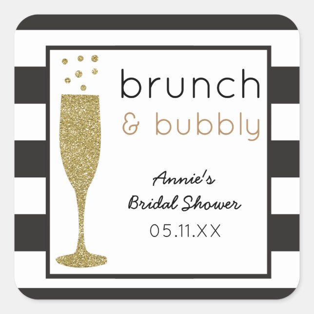 Pegatina Cuadrada Purpurina Brunch & Bubbly Faux Bridal Shower Pegat (Anverso)