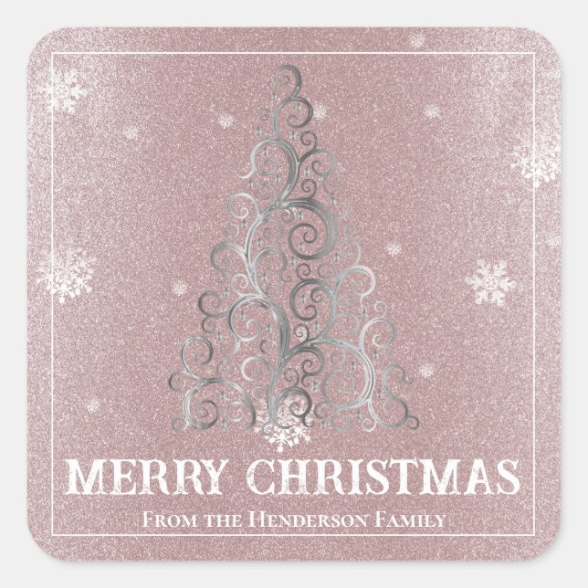 Pegatina Cuadrada Purpurina de árbol de Navidad y copos de nieve | R (Anverso)