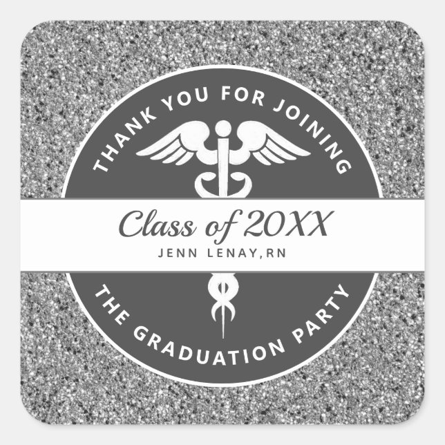 Pegatina Cuadrada Purpurina de Enfermería Plata Gracias Graduación (Anverso)