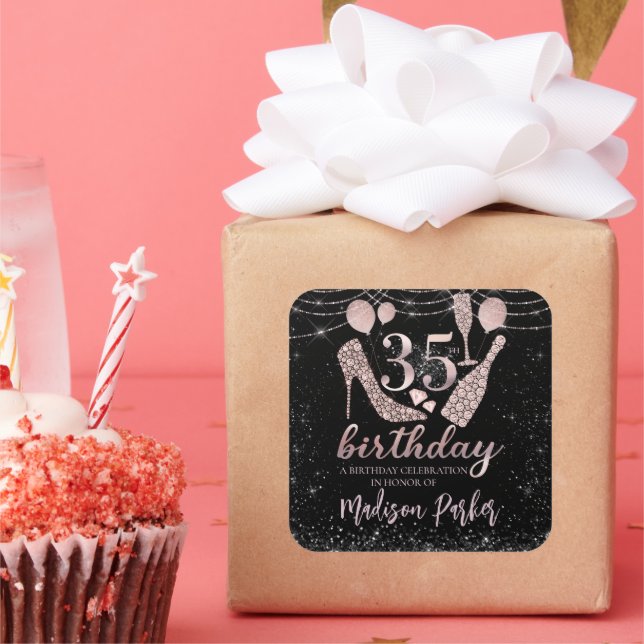Pegatina Cuadrada Purpurina de lujo personalizado 35º cumpleaños (Fiesta)