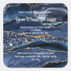 Pegatina Cuadrada Purpurina de oro azul Agate Marble Candle Labs