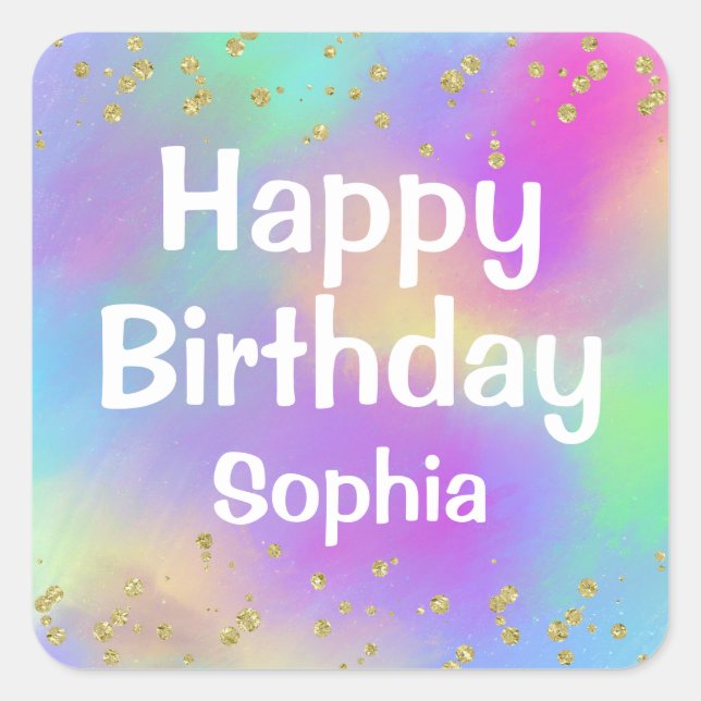 Pegatina Cuadrada Purpurina de oro de Unicornio, el cumpleaños feliz (Anverso)