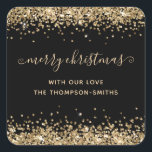 Pegatina Cuadrada Purpurina de oro Merry Christmas Script Names Blac<br><div class="desc">El Purpurina de oro Merry Christmas Script nombra a los negros. Personaliza fácilmente el texto.</div>