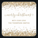 Pegatina Cuadrada Purpurina de oro Merry Christmas Script Names Whit<br><div class="desc">El Purpurina de oro Merry Christmas Script nombra blanco. Personaliza fácilmente el texto.</div>