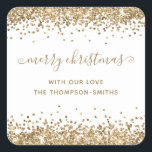 Pegatina Cuadrada Purpurina de oro Merry Christmas Script Names Whit<br><div class="desc">El Purpurina de oro Merry Christmas Script nombra blanco. Personaliza fácilmente el texto.</div>