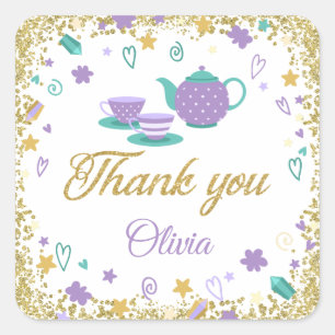 Pegatina Cuadrada Purpurina de oro morado Fiesta de té gracias