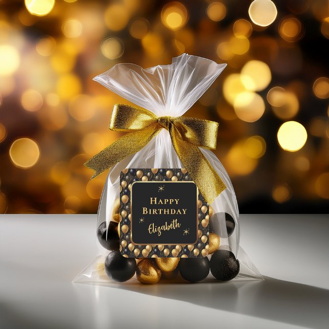 Pegatina Cuadrada Purpurina de oro negro elegante globos de cumpleañ (Elegant Black and Faux Gold Glitter Balloons Pattern "Happy Birthday" Favor Square Sticker)