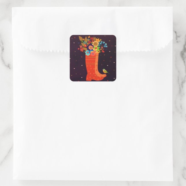 Pegatina Cuadrada Purpurina de oro Primavera Flores de pájaro maripo (Bolso)