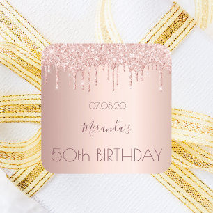 Pegatina Cuadrada Purpurina de oro rosa de fiesta de cumpleaños 50 a