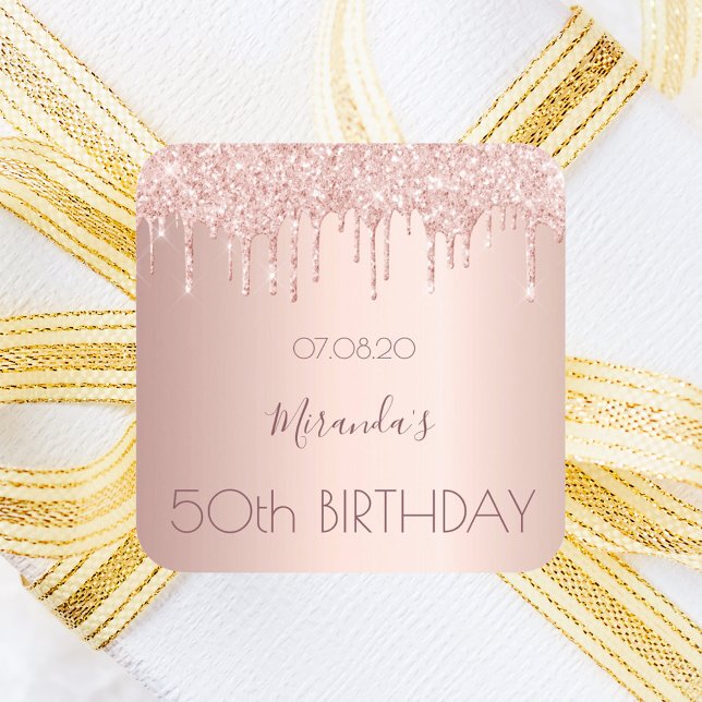 Pegatina Cuadrada Purpurina de oro rosa de fiesta de cumpleaños 50 a (Subido por el creador)