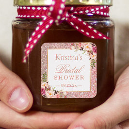 Pegatina Cuadrada Purpurina de oro rosa rosa floral novia favorito