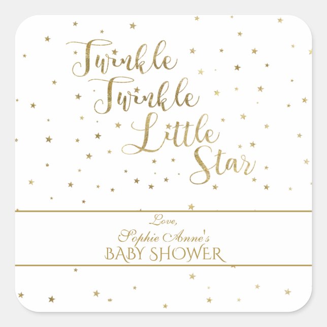Pegatina Cuadrada Purpurina de oro Twinkle Twinkle Chica Baby Shower (Anverso)