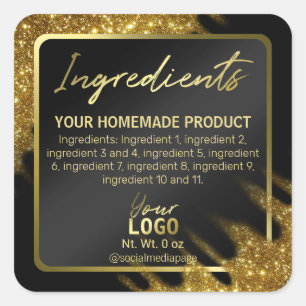 Pegatina Cuadrada Purpurina De Oro Y Etiquetas De Ingredientes Negro