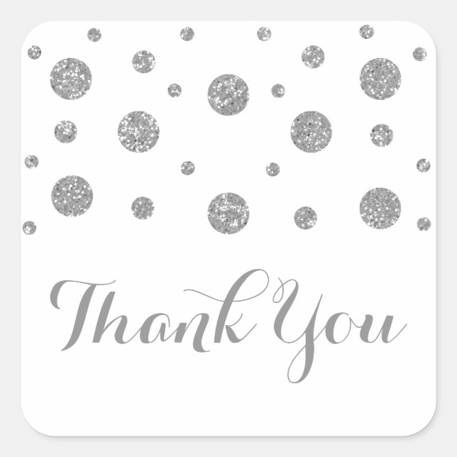 Pegatina Cuadrada Purpurina de Plata Confetti Boda Gracias Pegatinas (Anverso)