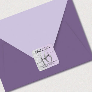 Pegatina Cuadrada Purpurina de plata de lavanda Ombre Sweet 16 Favor