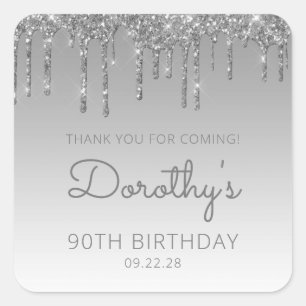 Pegatina Cuadrada Purpurina de plata Drip 90th Birthday Party Gracia