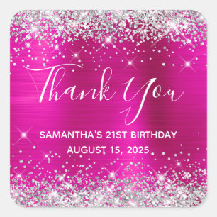 Pegatina Cuadrada Purpurina de Plata Hot Pink 21st Birthday Gracias
