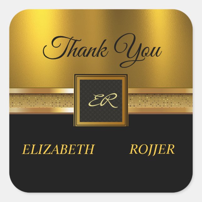 Pegatina Cuadrada Purpurina Dorado Boda negro de lujo (Anverso)