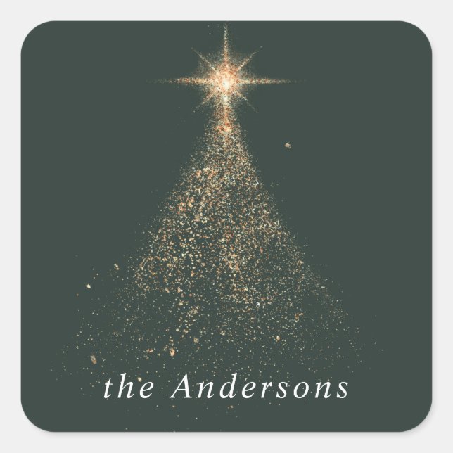 Pegatina Cuadrada Purpurina dorado brillan Navidades verdes modernos (Anverso)
