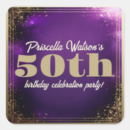 Pegatina Cuadrada Purpurina esparcido morado y fiesta de cumpleaños 
