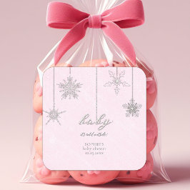 Pegatina Cuadrada Purpurina exterior frío Snowflakes Baby Shower ros