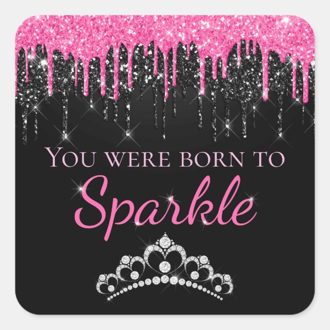 Pegatina Cuadrada Purpurina falso que gotea en rosa caliente nace a  (Anverso)