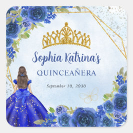 Pegatina Cuadrada Purpurina floral de oro azul de la marina Princesa