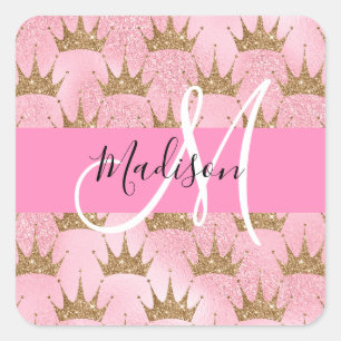 Pegatina Cuadrada Purpurina Glam Rosa & Gold Sparkles Crowne Monogra
